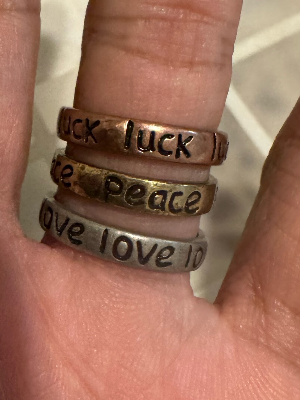 NWOT Stackable 'Luck • Peace • Love' Trio Ring Set in Copper, Gold & Silver Tone